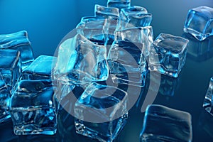 3D rendering ice cube on blue tint background. Frozen water cube