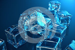 3D rendering ice cube on blue tint background. Frozen water cube