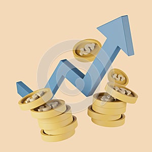 3d rendering icon blue arrow up and coin stacks