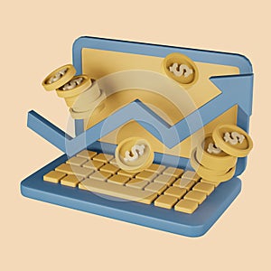 3d rendering icon computer with growing up graph and gold coins