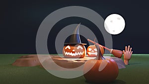 3D Rendering Of Illuminated Jack-O-Lanterns With Witch Hat, Broom, Human Hand On Full Moon, Happy Halloween