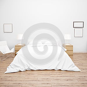 3D rendering illustration of bedroom interior with a bed with white sheets and modern lamps