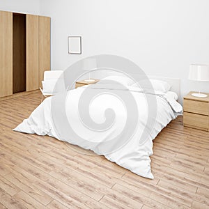 3D rendering illustration of bedroom interior with a bed with white sheets and modern lamps