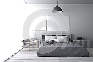 3D rendering : illustration of big spacious bedroom in soft light color.big comfortable double bed in elegant classic bed room