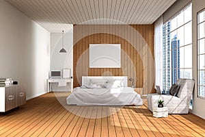 3D rendering : illustration of big spacious bedroom in soft light color.big comfortable double bed in elegant modern bedroom