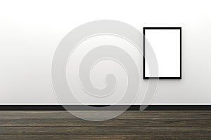 3D Rendering : illustration of blank black photo frame hanging on white wall interior with wooden floor,clipping path inside frame