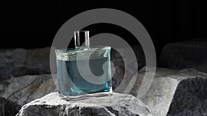 3D rendering illustration of a blue perfume bottle in a modern container placed on rocks