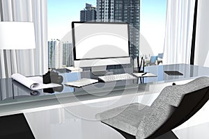 3D Rendering : illustration close up of Creative designer office desktop with blank computer,keyboard,camera
