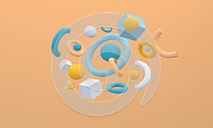 3d rendering illustration of colorful balls, squares, half-circles objects on an orange background