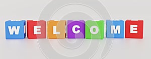 3D rendering illustration Colorful cubes with welcome sign on a white background