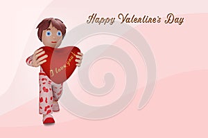 3D rendering illustration. Congratulations on Valentine`s Day, Happy Birthday and Holidays. A person carries his heart with love