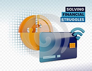 3d rendering illustration of credit card and coins in puzzle metaphor for solving financial struggles