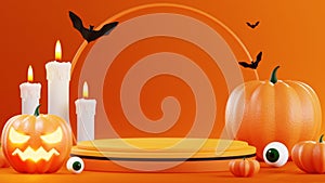 3d rendering illustration design for halloween banner with pumpkin,crucifix, skull, candle, candy, givebox ,grave on background