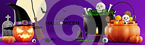 3d rendering illustration design for halloween banner with pumpkin,crucifix, skull, candle, candy, givebox ,grave on background