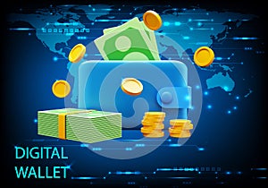 3D rendering illustration of a digital wallet with money and coins on blue background, concept digital wallet Online payment