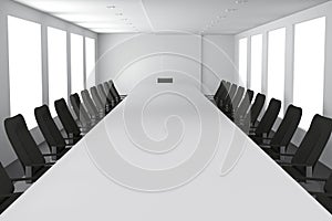 3D Rendering : illustration of empty modern big and long conference room with furniture.big windows.