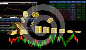 3d rendering illustration of gold bar and coins dollar with blurred financial chart background concept stock market finance
