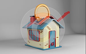 3d rendering illustration of home savings. Coins put into house with chimney like piggy bank. rising arrow indicates increase in