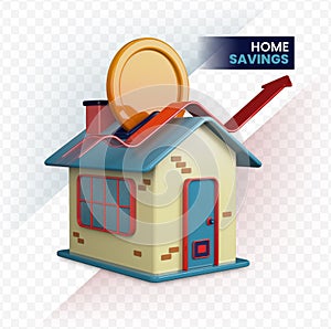 3d rendering illustration of home savings. Coins put into house with chimney like piggy bank. rising arrow indicates increase in