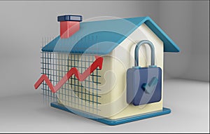 3d rendering illustration of housing security investment. house with grid and arrows rising on side and padlock with tick. sign of