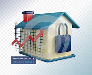 3d rendering illustration of housing security investment. house with grid and arrows rising on side and padlock with tick. sign of