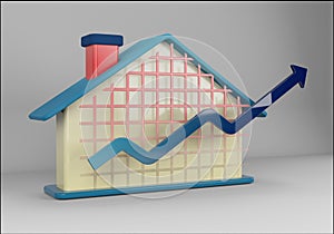 3d rendering illustration of housing value increasing. House with chimney is background for graph or arrow grid, metaphor for