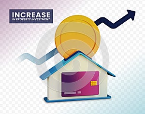 3d rendering illustration of increase in property investment. Coins put into house like piggy bank metaphor for savings. credit