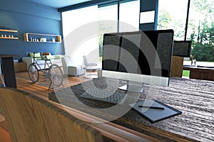 3D Rendering : illustration of internet pc cafe decoration interior or pc office of computer worker interior