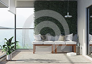 3D Rendering : Illustration of living room area semi-outdoor. living room zone of home. big glass window and light shining into th