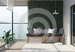 3D Rendering : Illustration of living room area semi-outdoor. living room zone of home. big glass window and light shining into th