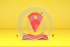 3D rendering : Illustration of Locator mark of map and location pin or navigation icon sign on paper map. Yellow background. navig