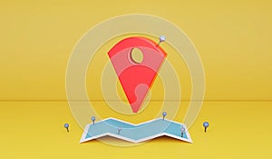 3D rendering : Illustration of Locator mark of map and location pin or navigation icon sign on paper map. Yellow background. navig