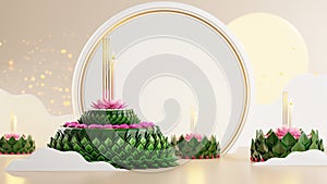 3d rendering illustration Loy Krathong festival and Yi Peng festival in thailand krathong from banana leaves, flowers, candles