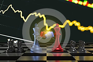 3D Rendering : illustration of marble chess pieces. marble king chess at center with fall other chess piece in the back. chess boa