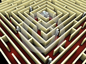 3D rendering illustration of a maze with figurines walking on paths, concept of finding solution