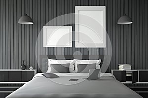 3D rendering : illustration of modern house interior.bed room part of house.Spacious bedroom in black and white style