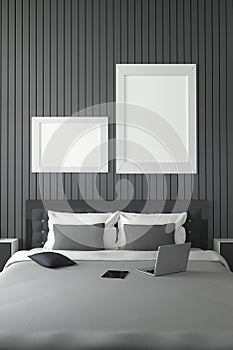 3D rendering : illustration of modern house interior.bed room part of house.Spacious bedroom in black and white style