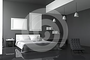 3D rendering : illustration of modern house interior.bed room part of house.Spacious bedroom in black and white style