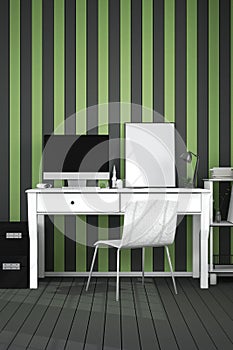 3D Rendering : illustration of modern interior Creative designer office desktop with PC computer.