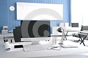 3D Rendering : illustration of modern interior Creative designer office desktop with PC computer.computer labs.