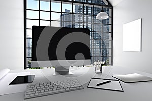 3D Rendering : illustration of modern interior white office of Creative designer desktop with PC computer,keyboard,camera,lamp