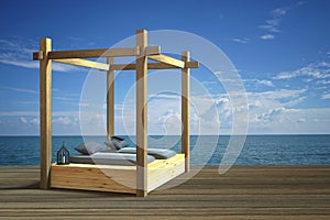 3D rendering : illustration of modern wooden beach lounge decoration at balcony outdoor wooden room style with Sundeck on Sea view