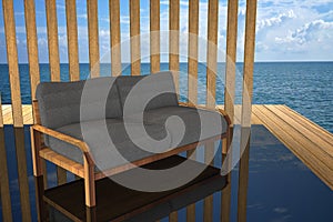 3D rendering : illustration of modern wooden sofa interior decoration at balcony outdoor wooden room style with Sundeck
