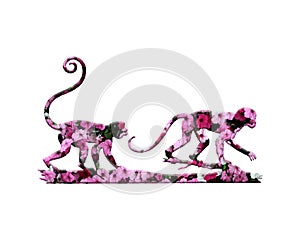 3d rendering illustration of monkeys composed out of purple and pink flowers on a white background
