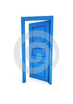 3D rendering illustration of an open blue door isolated on a white background