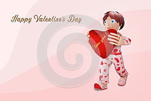 3D rendering illustration. A person carries his heart with love on a pink background.  Congratulations on Valentine`s Day, Happy