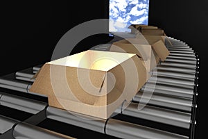 3d rendering : illustration of Perspective view of Cardboard boxes on Conveyor Belt of steel.box open. Part of warehouse