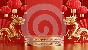 3d rendering illustration of podium round stage podium and paper art chinese new year, chinese festivals, mid autumn festival ,