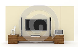 3d rendering illustration of a realistic Mockup of an Interior of a Modern Living Room TV set