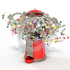 3D rendering illustration of a red gumball machine, full of pills, exploding